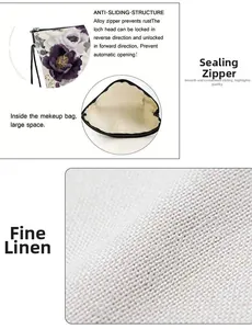 Fine linen makeup bag with black rose print, alloy zipper and spacious interior