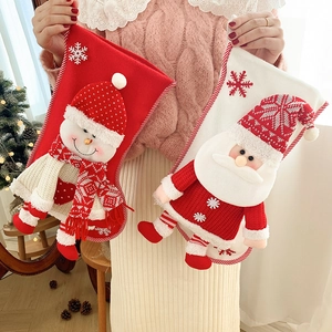 3D Santa and Snowman knitted Christmas stockings with snowflake embroidery and hangers