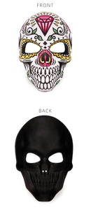 Front and back views of a sugar skull Halloween mask with colorful sublimated patterns
