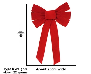 Detail specifications of red velvet Christmas bow measuring 40cm height and 25cm width