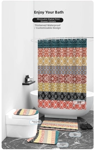 Detail view of bohemian geometric 4-piece bathroom set with waterproof shower curtain