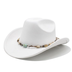 Detail of white western cowboy hat with seashell and turquoise bead woven band