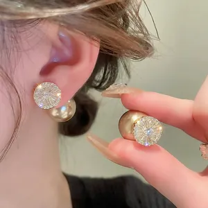 Double Sided Stud Earrings Champagne Imitation Artificial Pearl Zircon Radial Pattern For Women With 925 Sterling Silver Earring Post