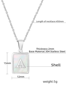 Detailed specs of square shell letter A pendant necklace in 304 stainless steel