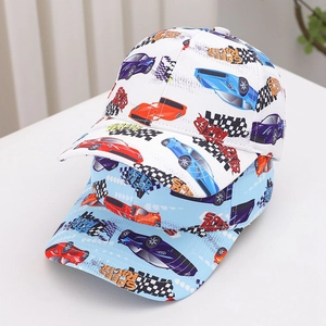 Set of 2 kids racing car printed baseball caps in white and light blue cotton