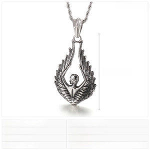 Detailed view of punk style angel wing pendant in stainless steel with 58x36mm dimensions