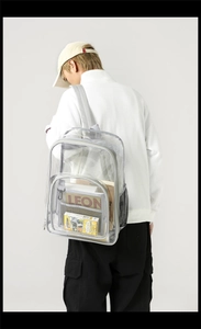 Detail view of transparent PVC backpack with gray adjustable straps on a model