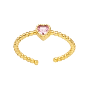 Detailed shot of pink heart gemstone ring with gold beaded texture and open band design