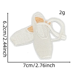 Detail of ballet shoes embroidery patch in pink and white with size and weight info