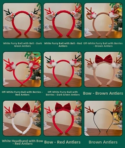 Detail grid of plush Christmas reindeer headbands with bells, bows, and festive berry accents