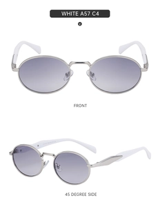 Detail view of oval sunglasses with silver metal frames and purple gradient lenses