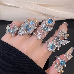 Elegant butterfly zircon open rings with blue and pink gemstones in silver finish
