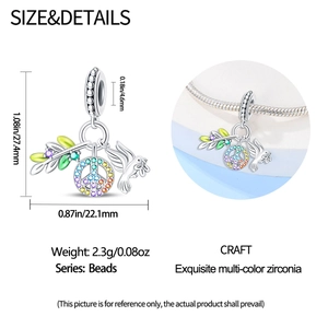 Dettagli dimensionali del charm in argento con colomba e zirconi multicolore