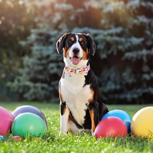 Dog bowtie collar with colorful polka dots shown on a dog in an Easter egg scene