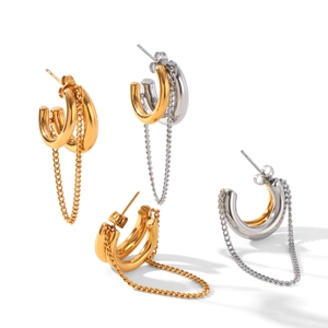 Elegant C-shaped dual-hoop earrings with chain tassels in gold, silver, and mixed metallic tones