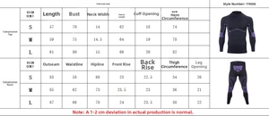 Detailed size chart for sports compression base layer set with precise measurements