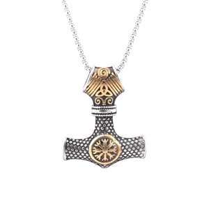 Vintage Viking Thor's Hammer Mjolnir necklace pendant in silver and gold stainless steel