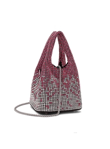 Detailed macro view of pink and silver gradient rhinestone handbag with metal chain