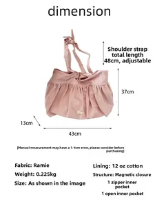 Size chart showing dimensions for the pink pleated canvas tote bag with adjustable strap