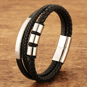 Men Multilayer Braided Leather Bracelet With Stainless Steel Magnetic Clasp Metal Beads Vintage Punk Style Accessory