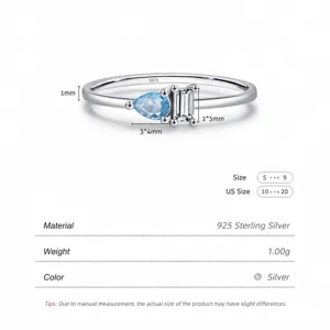 Bague en argent 925 avec pierre bleu clair en forme de poire et gemme rectangle
