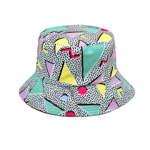 Retro geometric Memphis print bucket hat with colorful triangles and dotted patterns