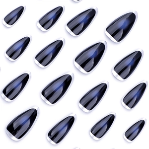 Faux ongles amande bleu foncé avec pointes French argentées et effet dégradé œil de chat