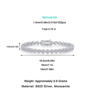 S925 Sterling Silver Moissanite Tennis Bracelet with 3.78ct stones and dimensions details