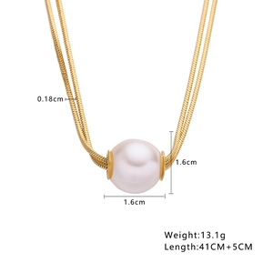 Double layered gold snake chain necklace featuring a 1.6cm large white pearl pendant
