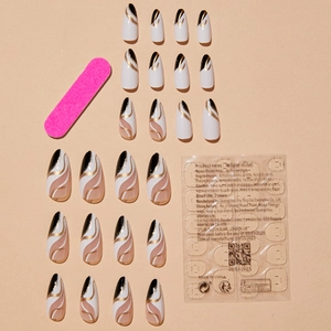 Faux ongles Stiletto amande avec vagues dorées et kit de 24 autocollants