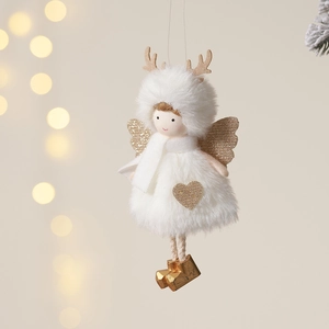 Ange de Noël en peluche blanche avec bois dorés et cœur pour décoration de sapin
