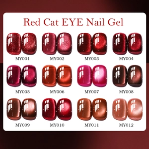 Detailed color chart of 12 shades of red cat eye nail gel showing magnetic shimmer effects