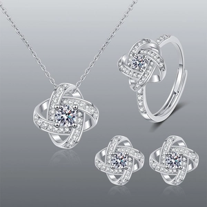 Sterling Silver S925 Clover Jewelry Suit Necklace Korean Style Full-jeweled Stud Earrings Gifts For Girlfriend Simple Necklace All-matching