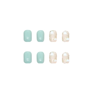 Short mint green and champagne glitter heart press-on nails with luxury diamond accents