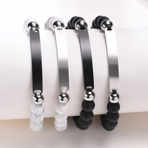 Matte Schwarz Achat Weiß Türkis Perlenarmband Edelstahl Gebogene Platte Verstellbares Geflochtenes Seil Schmuck Für Herren Damen