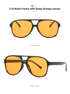 Detail view of aviator sunglasses with black frames and orange lenses from two angles