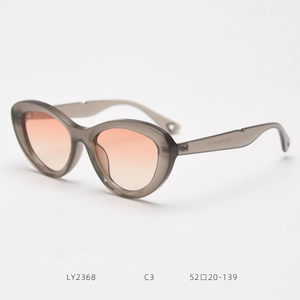 Detailed view of cat eye sunglasses with orange gradient lenses and transparent grey frame