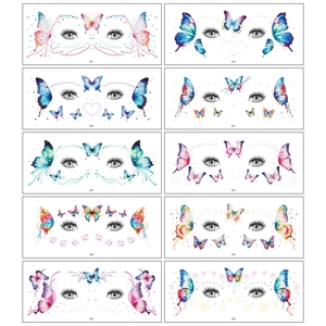 Detailed grid showing ten colorful butterfly glitter temporary facial tattoos for eye makeup