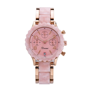 Damen-Quarzuhr aus rosa Keramik mit roségoldenem Gehäuse und praktischer Kalenderanzeige