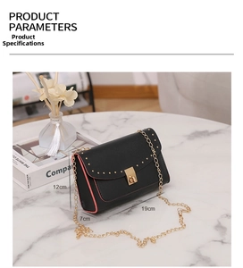Detailed view of black leather chain bag with pink edges and gold hardware dimensions