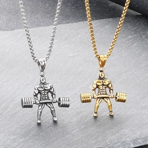 Edelstahl Fitness Muskelmann Hantel Anhänger Halskette Für Herren Bodybuilding Sportler Gym Schmuck Punk Stil