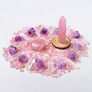 Natural amethyst and rose quartz crystal healing set with hexagonal pillar and wooden base