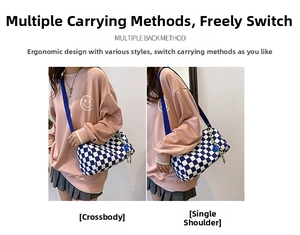 Blue checkerboard cylinder crossbody bag shown in both shoulder and crossbody styles