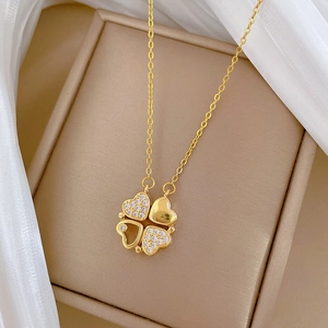 Gold stainless steel clover heart necklace with sparkling crystals and O-chain