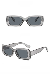 Front and side views of trendy rectangular sunglasses with transparent grey frames and grey lenses