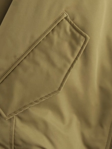 Detail of khaki twill fabric flight jacket showing flap pocket and stitching