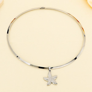 Detailed view of silver stainless steel choker with textured starfish pendant