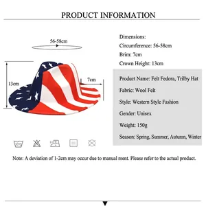 Size guide for wool felt American flag fedora hat with red stripes and blue star patterns