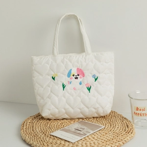 Cute dog embroidery white quilted tote bag for women with heart patterns and handles