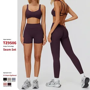 Ensemble de Yoga pour Femmes en Polyester Spandex Gratté Soutien-Gorge de Sport Taille Haute Et Leggings Shorts Survêtement de Fitness